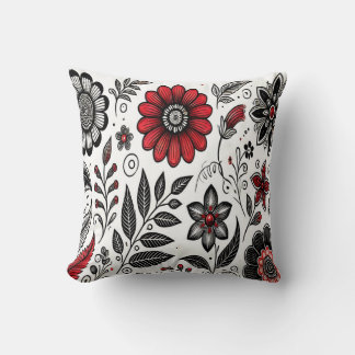 Doodle-Blume und -Blätter in Rot und Schwarz Kissen