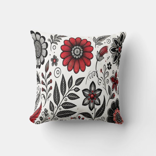 Doodle-Blume und -Blätter in Rot und Schwarz Kissen (Vorderseite)