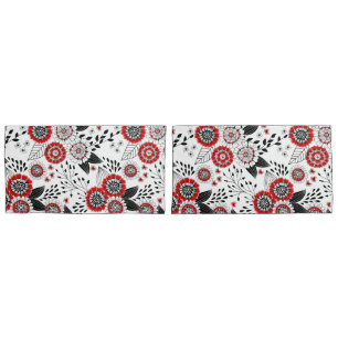 Doodle-Blume und -Blätter in Rot und Schwarz Kissenbezug