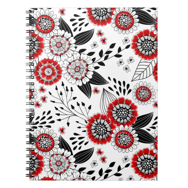 Doodle-Blume und -Blätter in Rot und Schwarz Notizblock (Vorderseite)