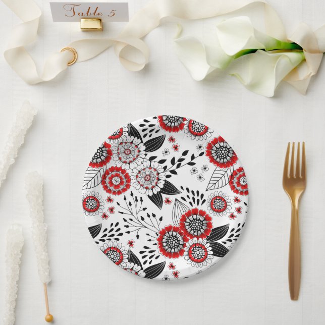 Doodle-Blume und -Blätter in Rot und Schwarz Pappteller (Hochzeit)