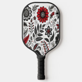 Doodle-Blume und -Blätter in Rot und Schwarz Pickleball Schläger