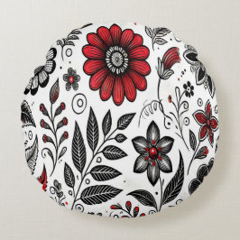 Doodle-Blume und -Blätter in Rot und Schwarz Rundes Kissen