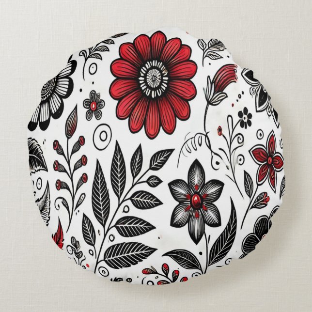 Doodle-Blume und -Blätter in Rot und Schwarz Rundes Kissen (Rückseite)