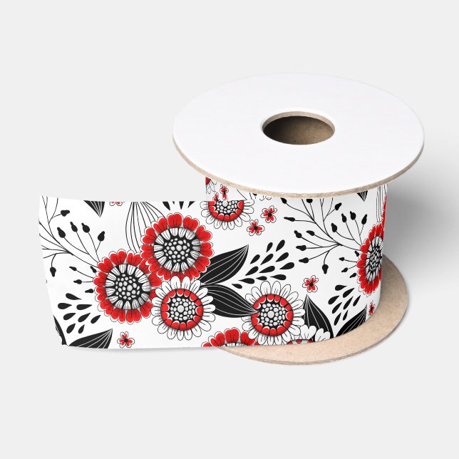 Doodle-Blume und -Blätter in Rot und Schwarz Satinband (Spule)