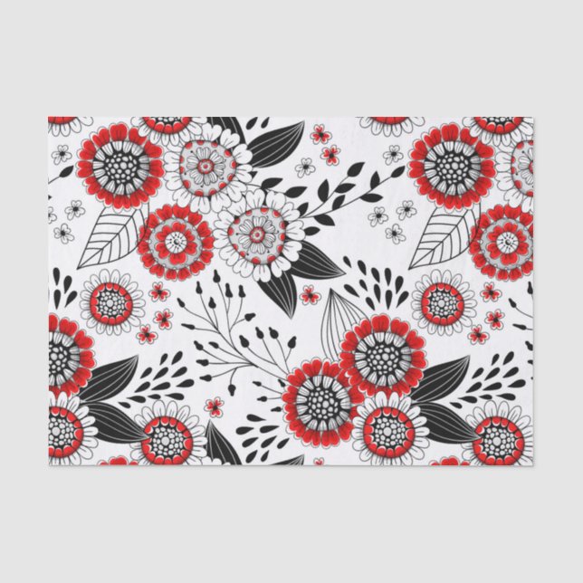 Doodle-Blume und -Blätter in Rot und Schwarz Seidenpapier (Vorderseite)