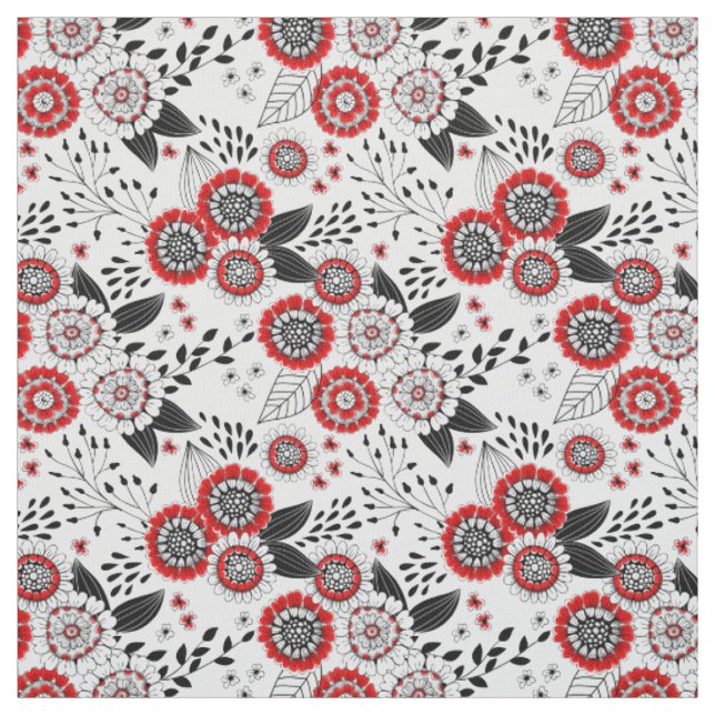 Doodle-Blume und -Blätter in Rot und Schwarz Stoff (Muster)