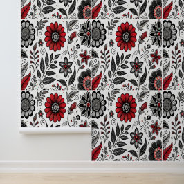 Doodle-Blume und -Blätter in Rot und Schwarz Tapete