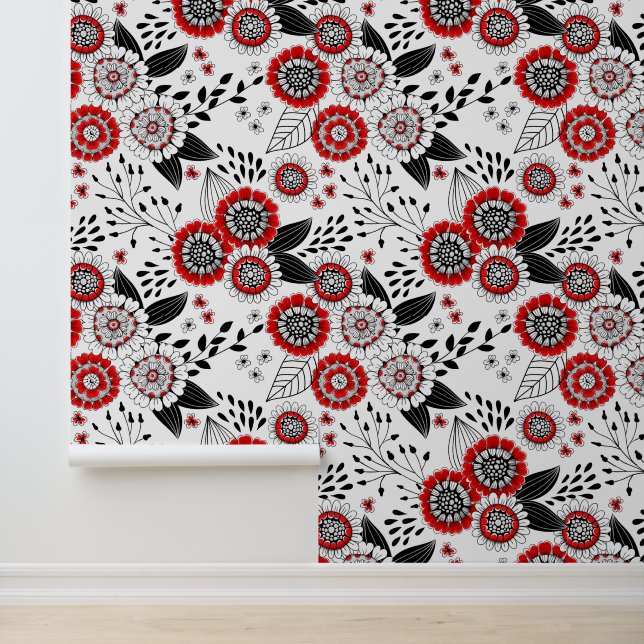 Doodle-Blume und -Blätter in Rot und Schwarz Tapete (Anwendung)