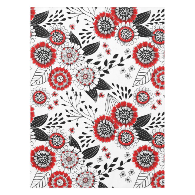 Doodle-Blume und -Blätter in Rot und Schwarz Tischdecke (Vorderseite)