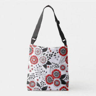 Doodle-Blume und -Blätter in Rot und Schwarz Tragetaschen Mit Langen Trägern