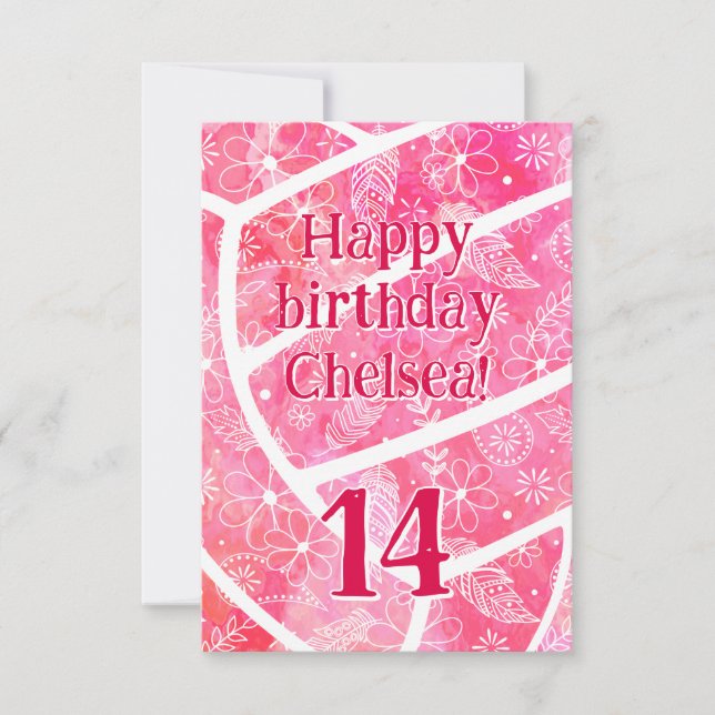 Doodle Blumenpaisleys Pink Volleyball Geburtstag Karte (Vorderseite)