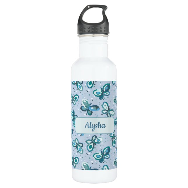 Doodle Bugs Butterflies - blue - custom name kids. Edelstahlflasche (Vorderseite)