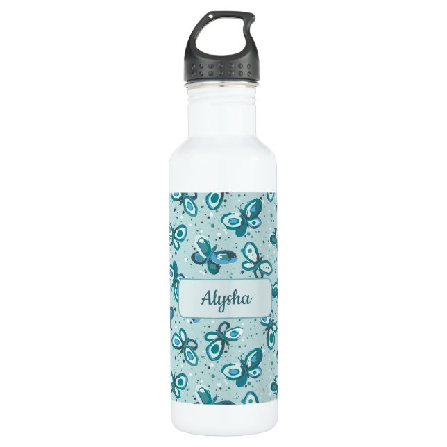 Doodle Bugs Butterflies - turquoise - birthday. Edelstahlflasche (Vorderseite)