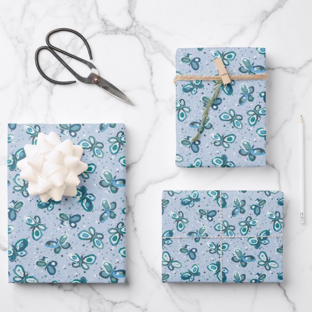 Doodle Bugs Schmetterlinge - blau - nahtloses Must Geschenkpapier Set (Vorderseite)