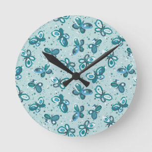 Doodle Bugs Schmetterlinge - türkis - Muster. Runde Wanduhr