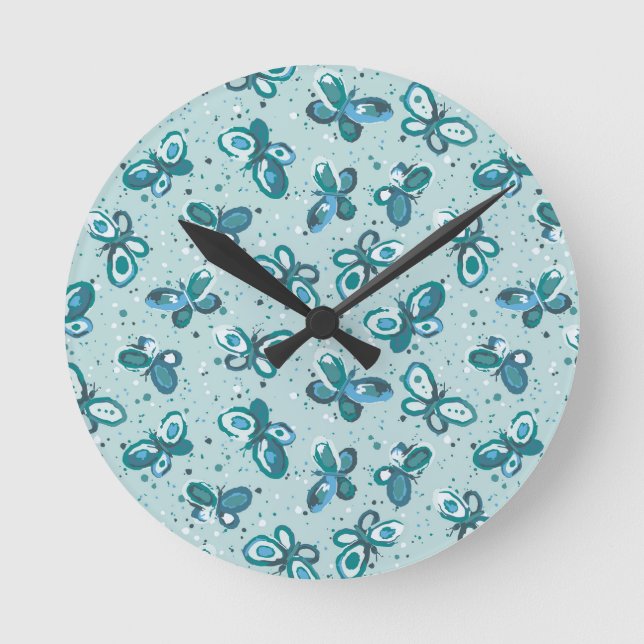 Doodle Bugs Schmetterlinge - türkis - Muster. Runde Wanduhr (Vorderseite)