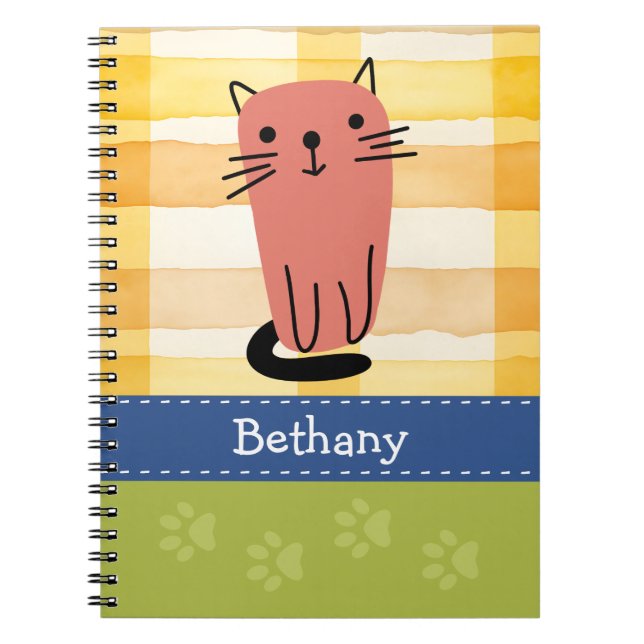 Doodle Cat, Gelber Karo, Paw Prints, kundenspezifi Notizblock (Vorderseite)