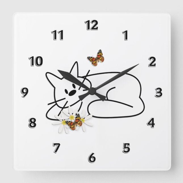 Doodle Cat Quadratische Wanduhr (Vorderseite)