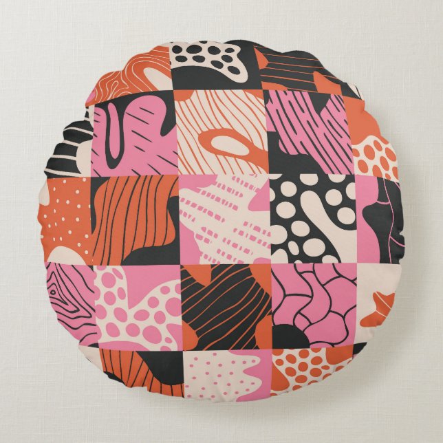 Doodle Cells: Geometrisches Musterdesign. Rundes Kissen (Vorderseite)