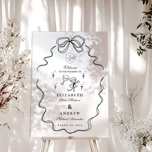 Doodle Champagne Whimsical Bow Wedding Acrylschild (Von Creator hochgeladen)