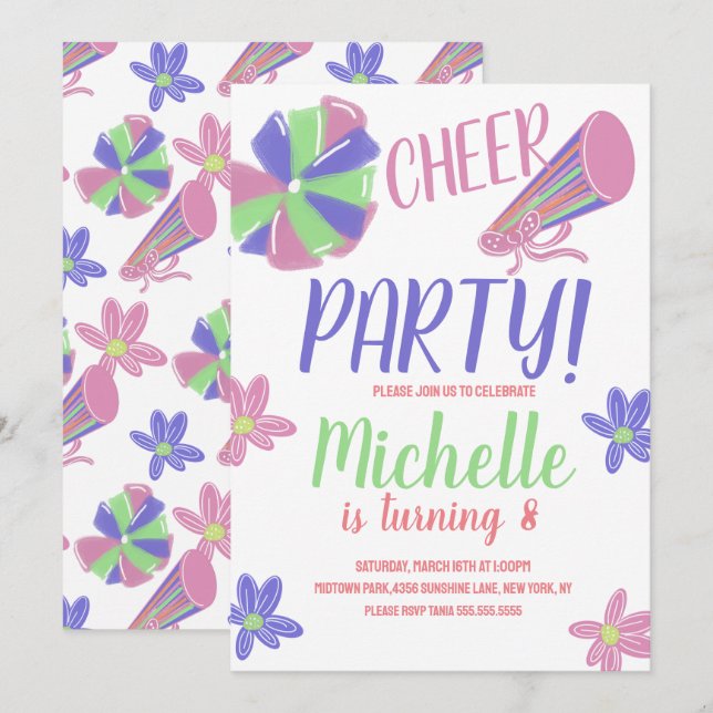 Doodle Cheer Party Cheerleading Birthday Einladung (Vorne/Hinten)