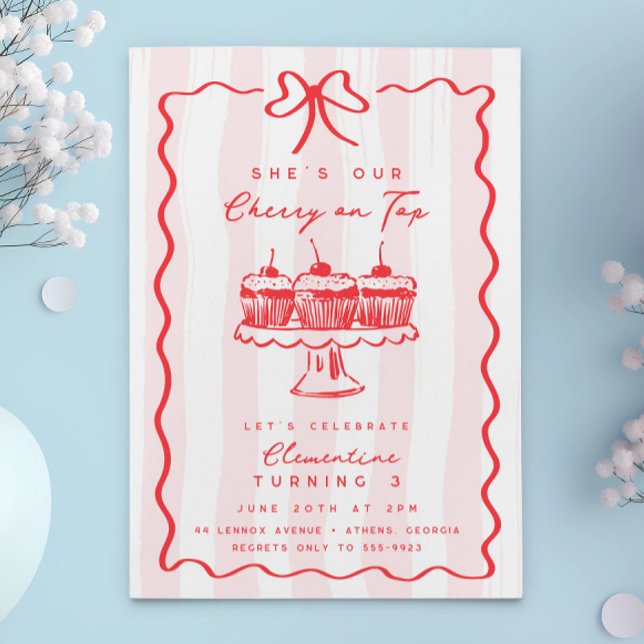 Doodle Cherry Cupcake Pink Bow Birthday Party Einladung (Von Creator hochgeladen)