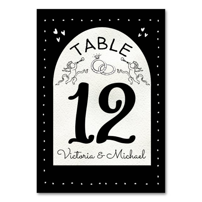 Doodle Cherub Funky Wedding Tischnummer Cards (Vorderseite)