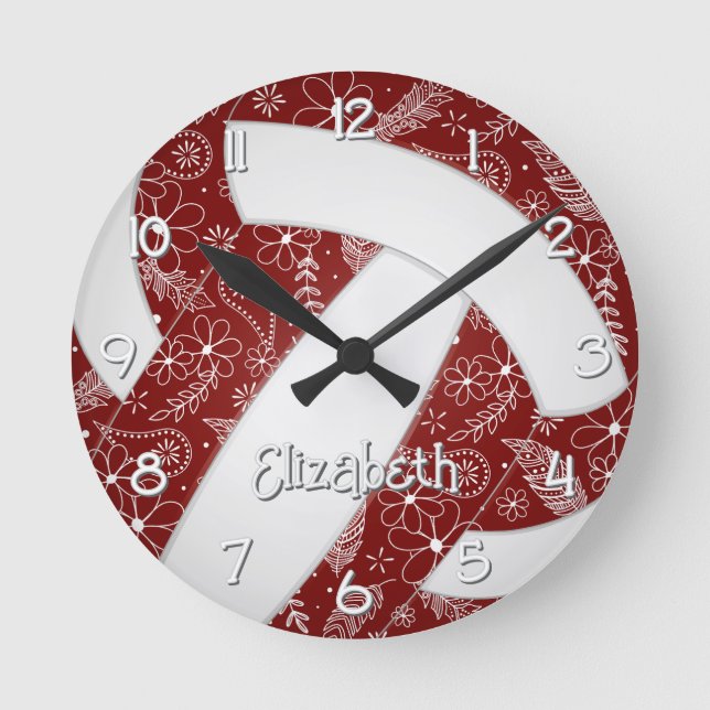 Doodle Federn Paisleys Maroon Boho Volleyball Runde Wanduhr (Vorderseite)