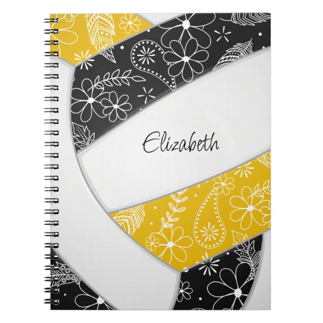 Doodle Federn schwarzer goldener Boho-Volleyball Notizblock (Vorderseite)