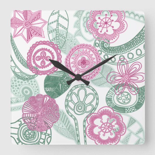 doodle flowers quadratische wanduhr (Vorderseite)