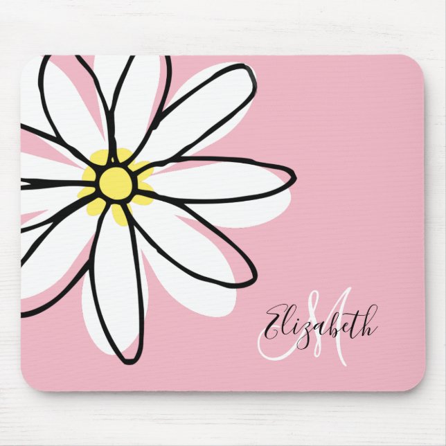 Doodle Gezeichnet Daisy White Pink Monogram Niedli Mousepad (Vorne)