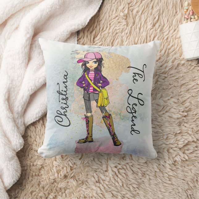 Doodle Girl mit dunklem Haar Goldname Kissen (Decke)