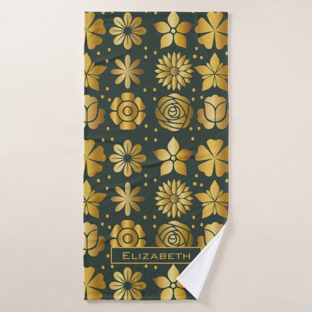 Doodle goldfarbenes Blumenmuster personalisierter  Badehandtuch (Badehandtuch)