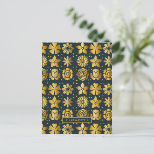 Doodle goldfarbenes Blumenmuster personalisierter Postkarte