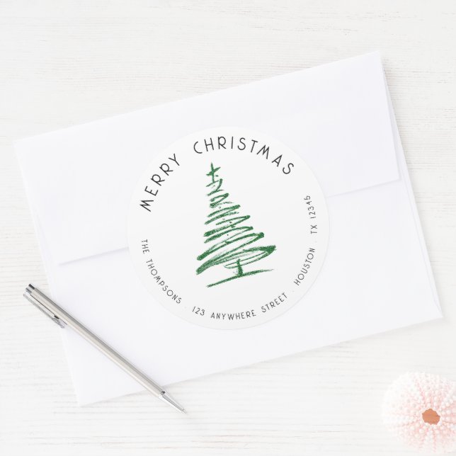 Doodle Green Christmas Tree Rücksendeadresse Runder Aufkleber (Umschlag)