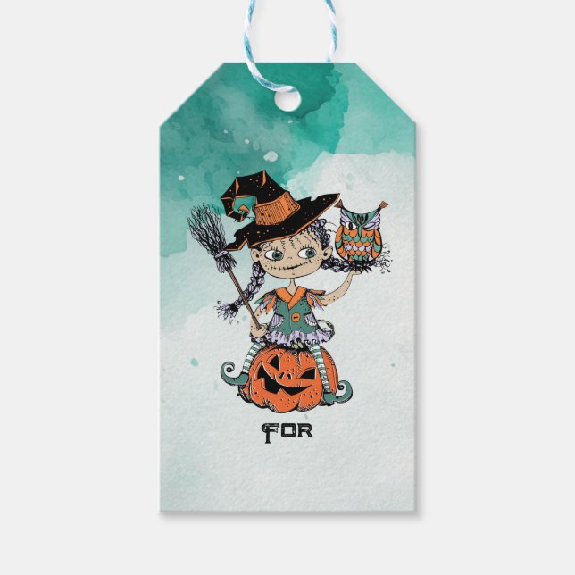 Doodle Halloween Hexe & Owl Geschenkanhänger (Vorderseite)