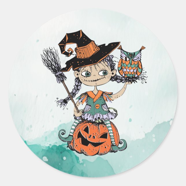 Doodle Halloween Hexe & Owl Runder Aufkleber (Vorderseite)