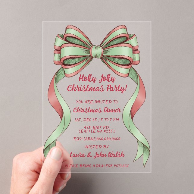 Doodle Hand drawn Green Red Bow Christmas Party Acryleinladungen (Insitu (Handheld))