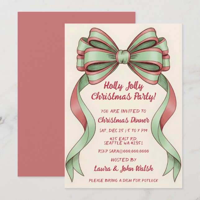 Doodle Hand drawn Green Red Bow Christmas Party Einladung (Vorne/Hinten)