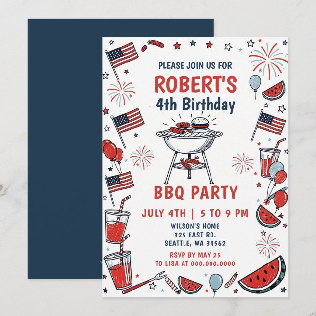 Doodle Hand Drawn July 4th BBQ Birthday Party  Einladung (Vorne/Hinten)