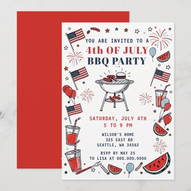 Doodle Hand Drawn July 4th BBQ Holiday Party  Einladung (Vorne/Hinten)