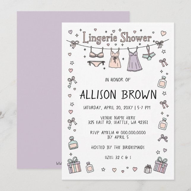 Doodle Hand Drawn Lingerie Shower Bachelorette  Einladung (Vorne/Hinten)