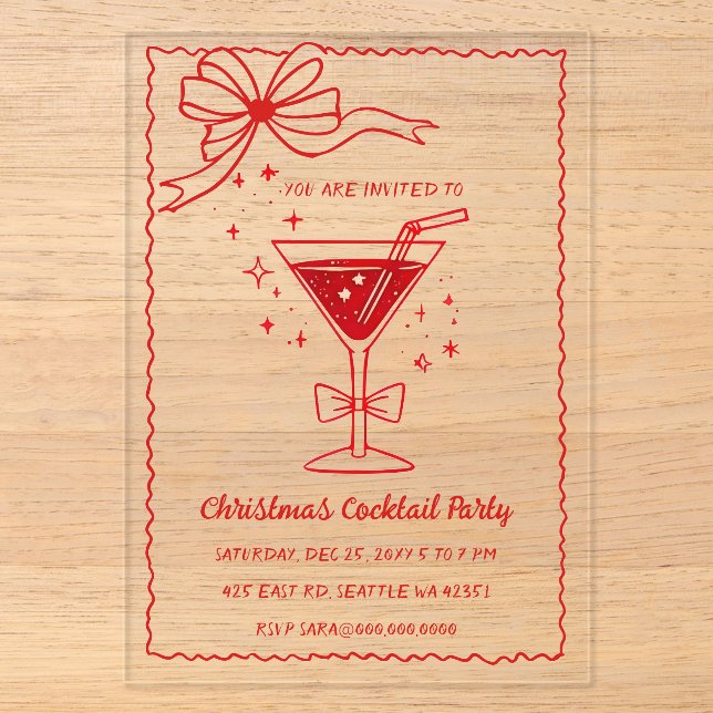 Doodle Hand drawn Pink Red Bow Christmas Cocktails Acryleinladungen (Vorderseite)