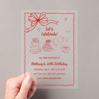 Doodle Hand gezeichnet Rosa Coquette Bow Geburtsta Acryleinladungen