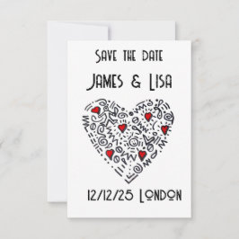 Doodle Heart Save the Date - Schwarz, Weiß Dankeskarte