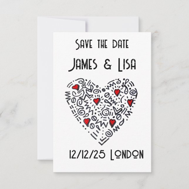 Doodle Heart Save the Date - Schwarz, Weiß Dankeskarte (Vorderseite)