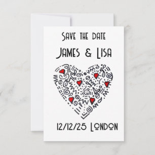 Doodle Heart Save the Date - Schwarz, Weiß Dankeskarte