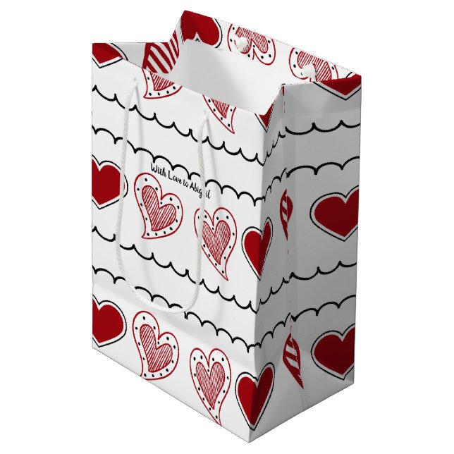 Doodle Hearts Medium Geschenkbeutel Mittlere Geschenktüte (Vorderseite Schrägansicht)