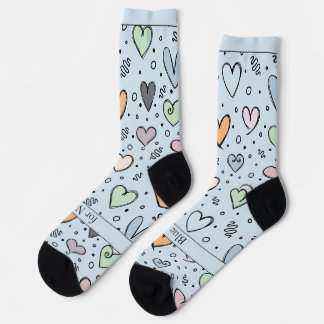 Doodle Hearts on Light Blue with Text Socken